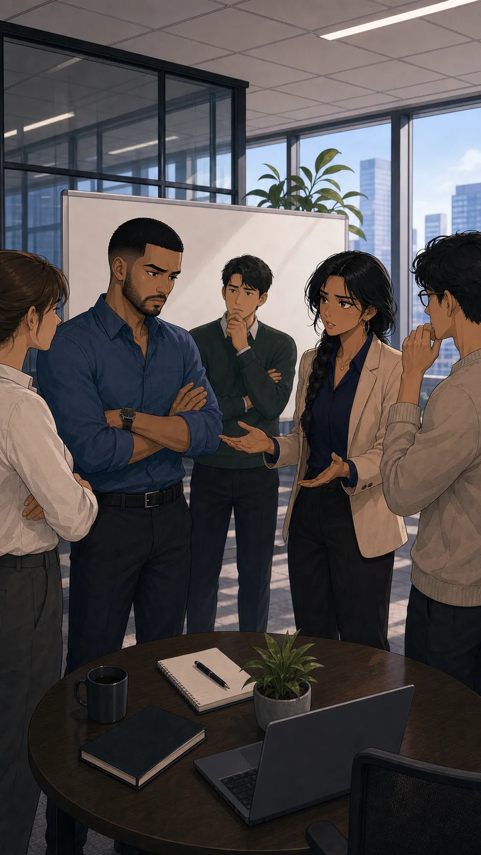 Jules, Priya, and coworkers stand near a blank generic whiteboard with divided body language.