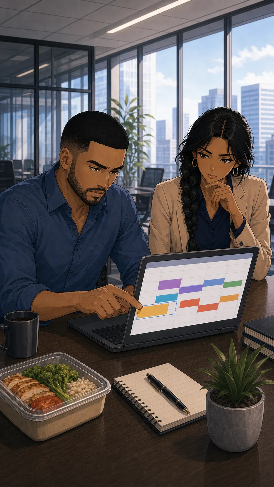 Jules resets an abstract calendar block while Priya watches in a generic office.