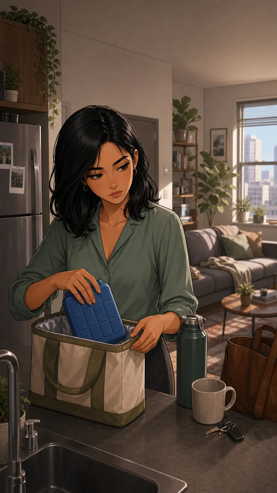 Leah puts a blue ice pack into her lunch bag.