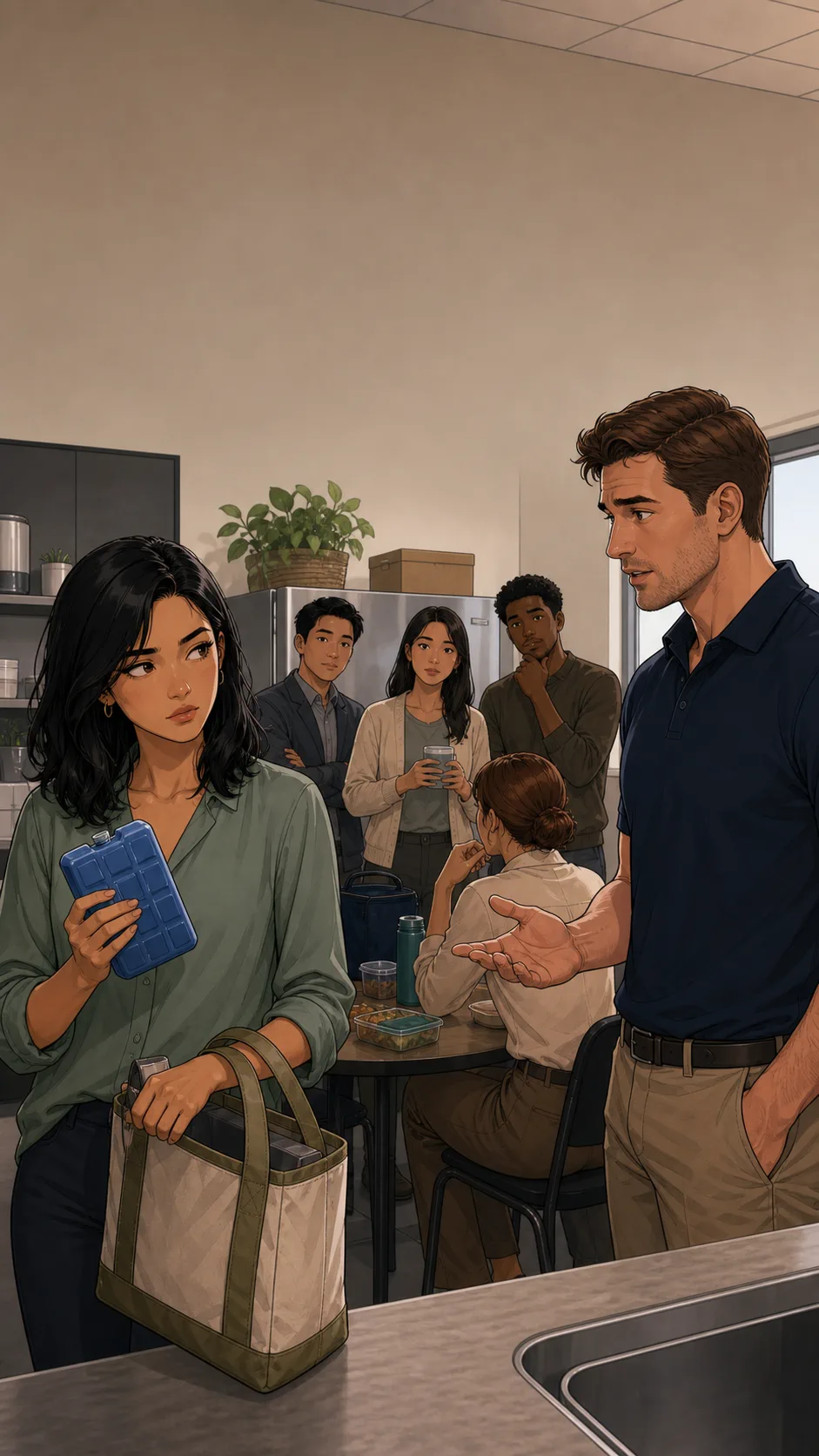 Marcus asks Leah to borrow the ice pack near a breakroom table.