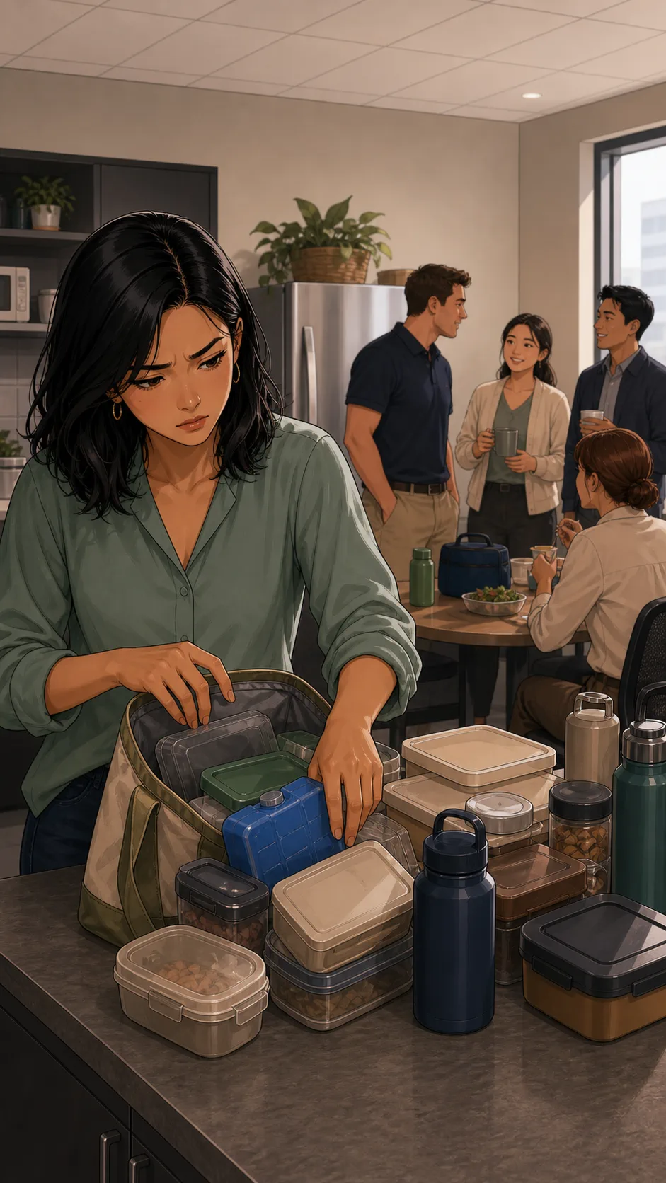 Leah finds her ice pack buried under shared breakroom items.