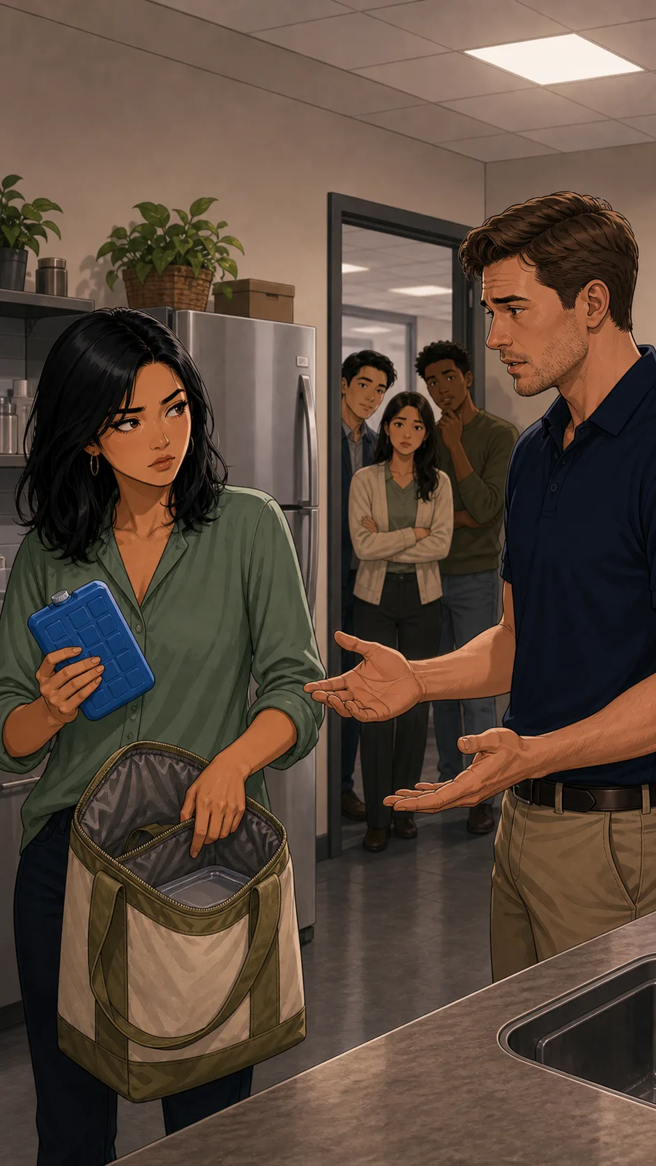 Leah and Marcus discuss the ice pack in the office breakroom.