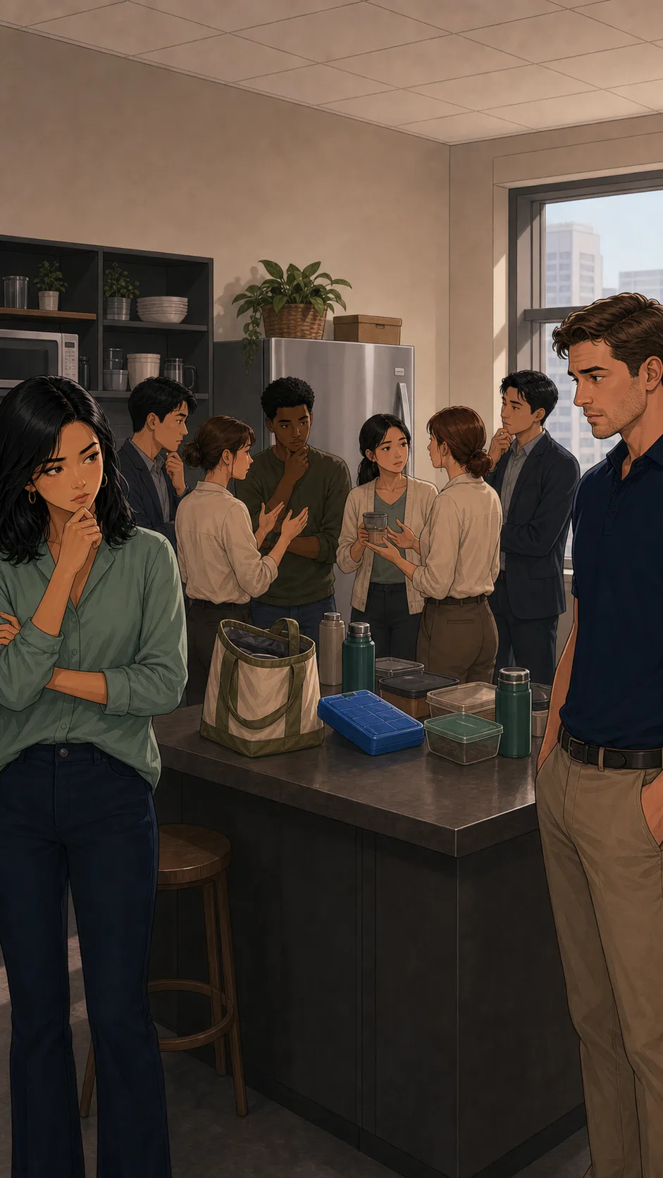 Coworkers split around the breakroom counter and ice pack.