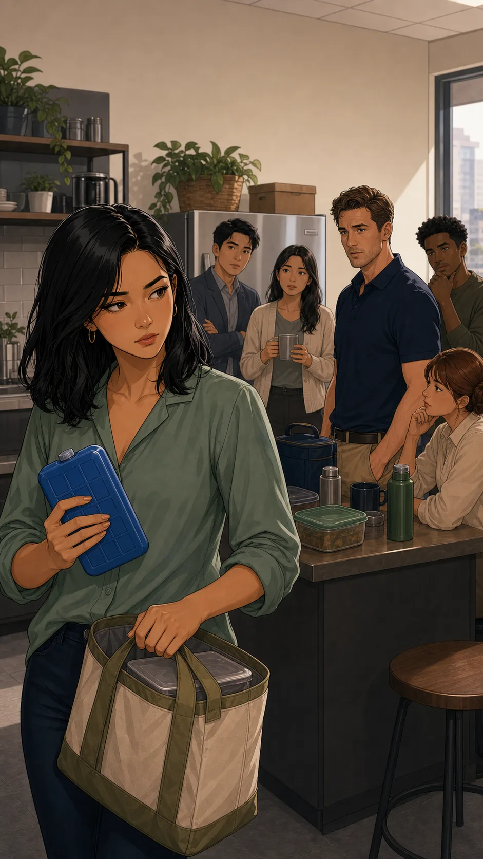 Leah holds her ice pack while coworkers wait in the breakroom.