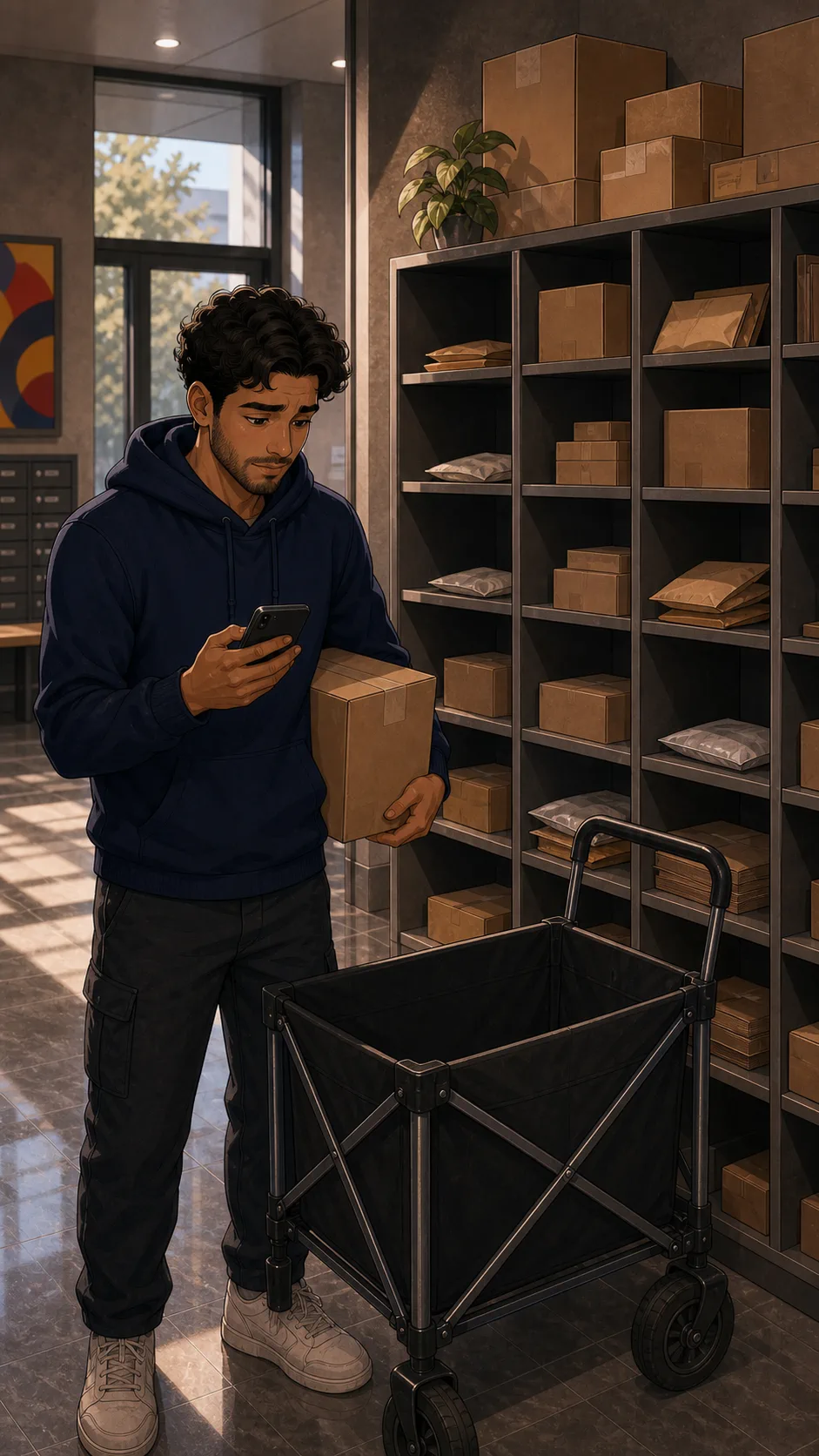 Noah leaves his folding cart beside a mailroom shelf.