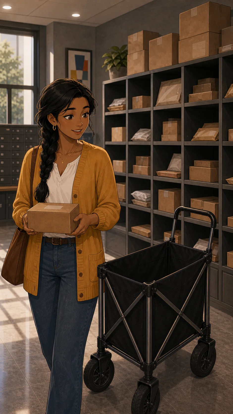 Priya notices Noah's cart beside crowded mailroom shelves.