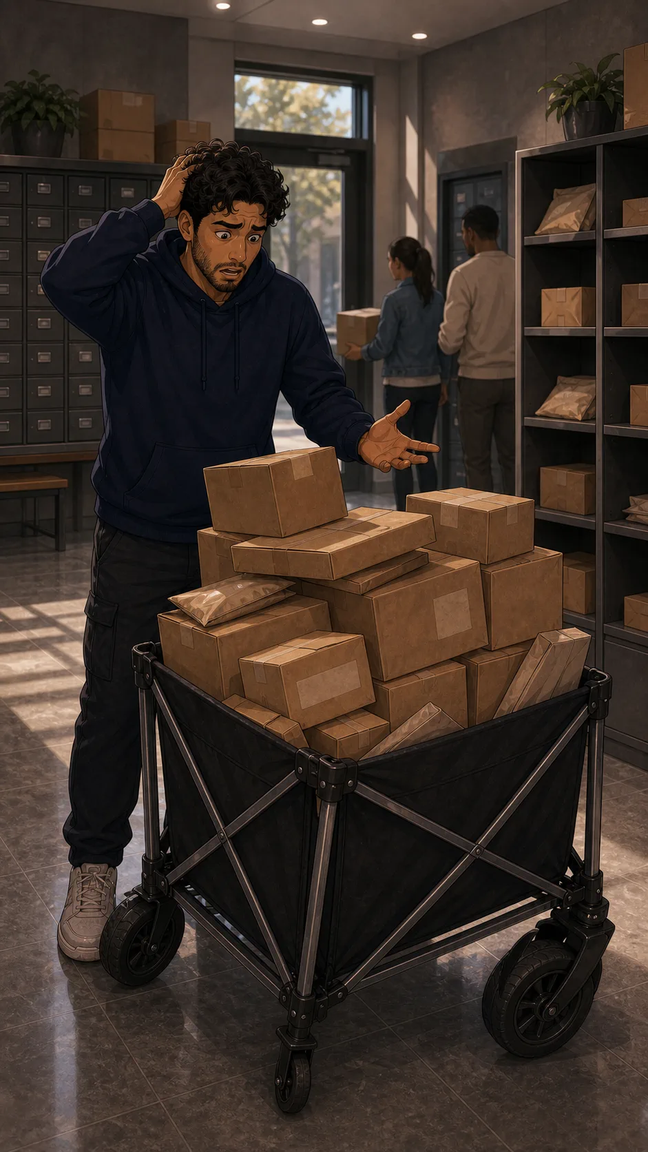 Noah finds his folding cart overloaded with plain boxes.