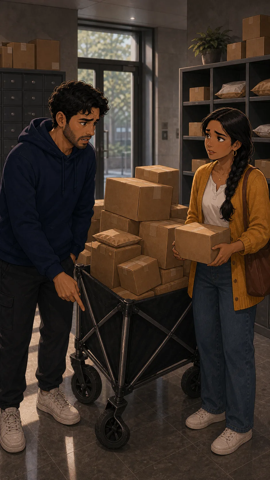 Noah and Priya discuss the overloaded folding cart.