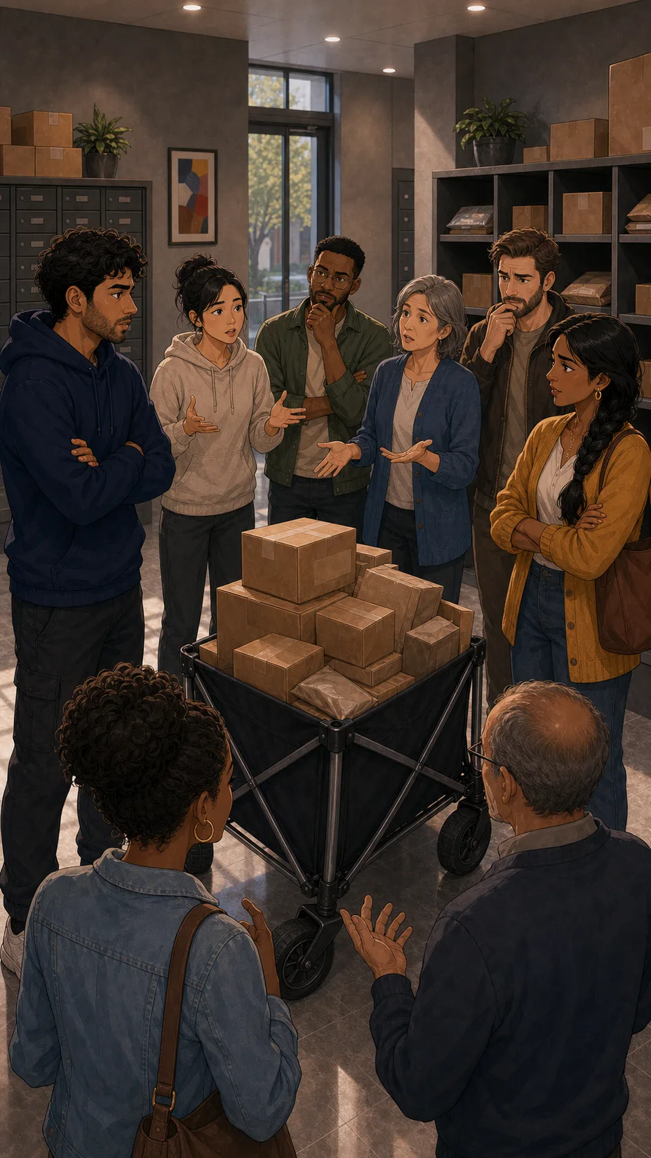 Neighbors split over Noah's mailroom cart.
