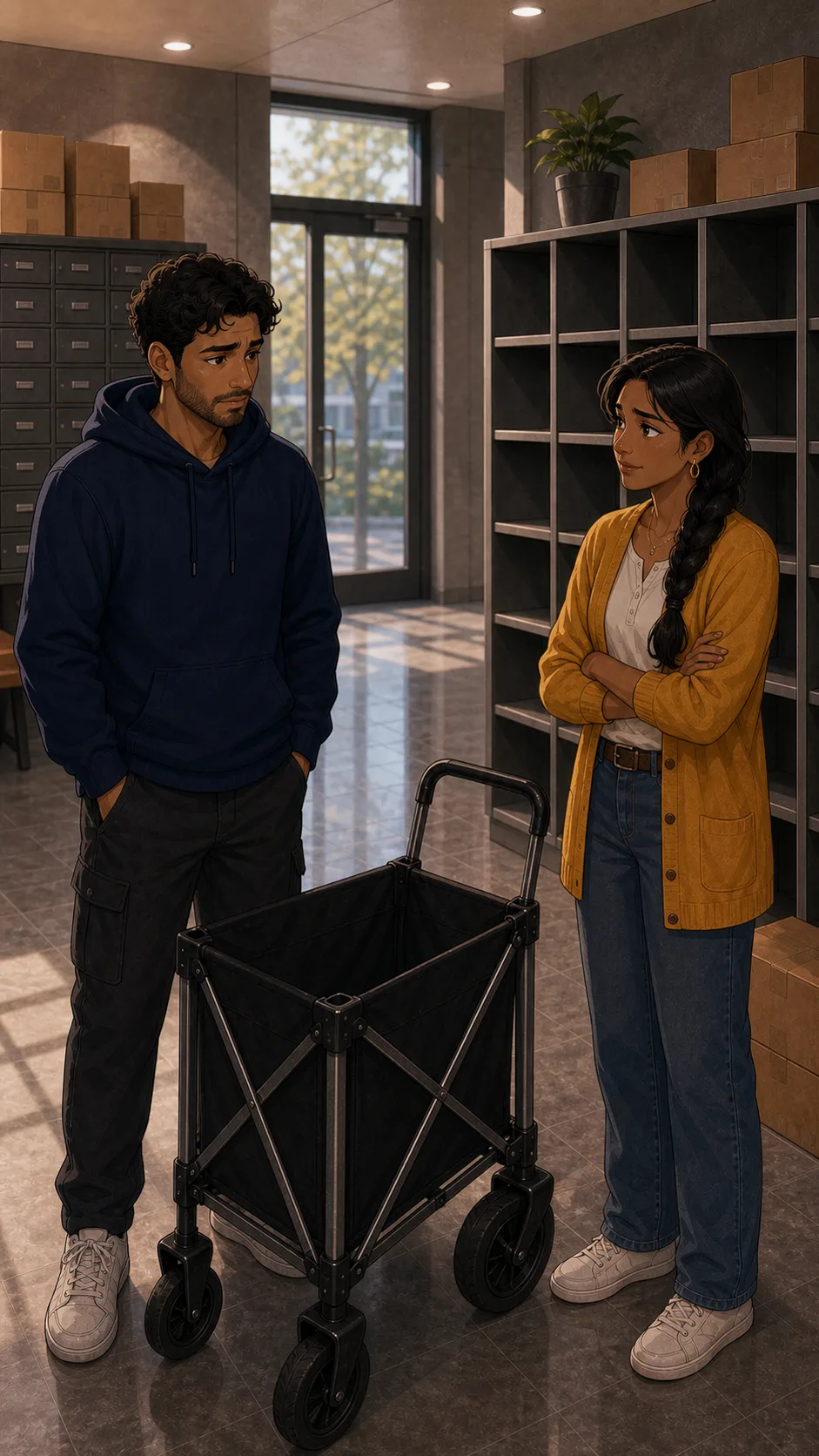Noah and Priya stand thoughtfully beside the cleared cart.