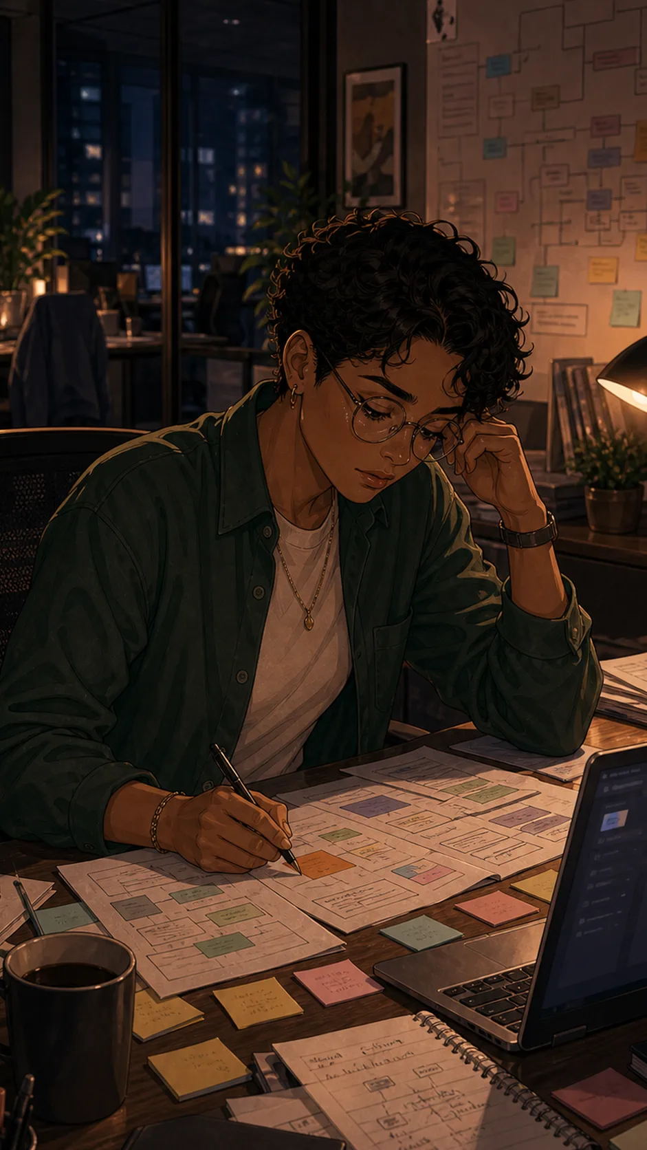 Jules works late at a generic office desk with abstract diagrams, notebooks, and a laptop.