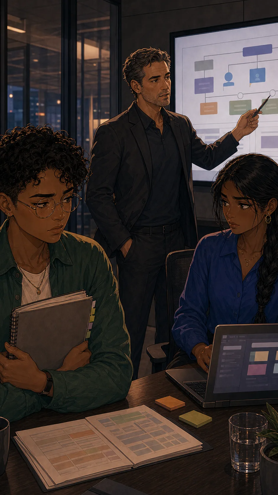Jules sits alone with a project notebook, expression controlled but hurt.