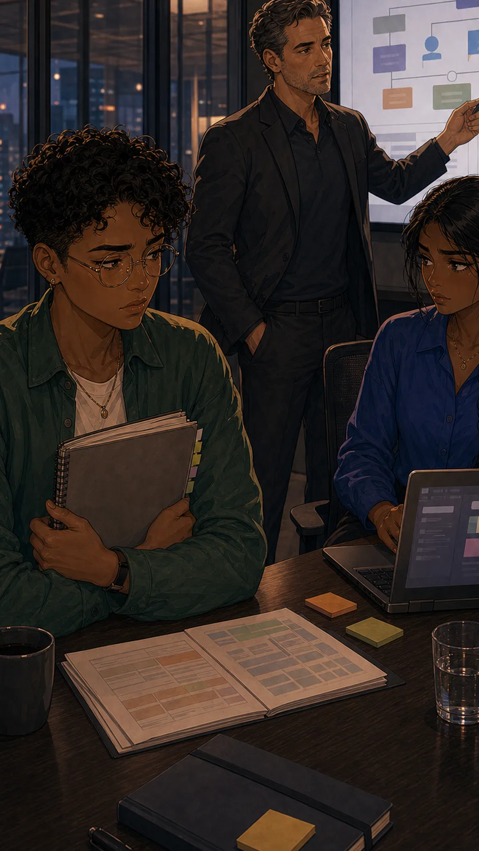 Priya meets Jules at a conference table, looking uncertain and not smug.