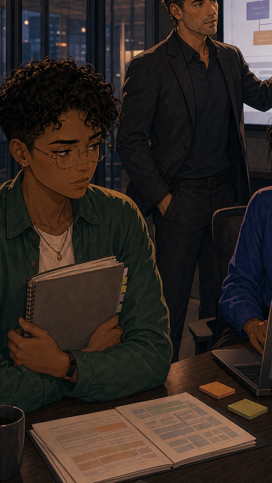Jules, Priya, and Sam sit in a small room with a blank role chart on the table.