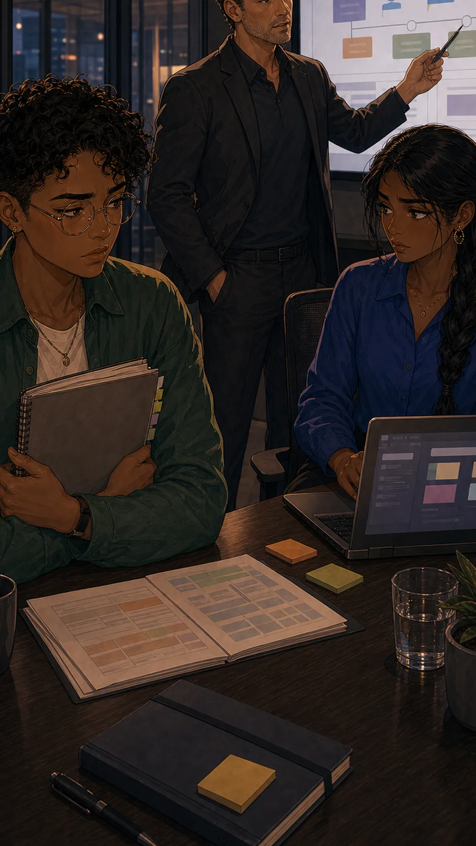 Jules stands by the office window holding the notebook while Priya waits nearby.