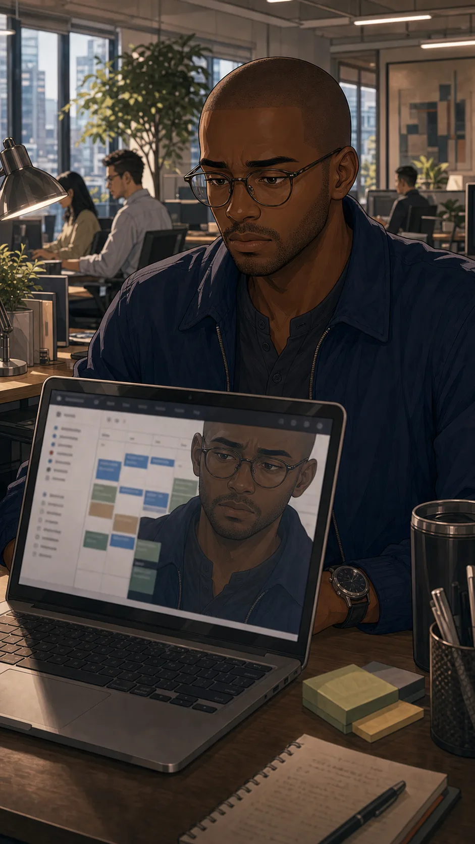 Devon sees an abstract calendar invite on his laptop.