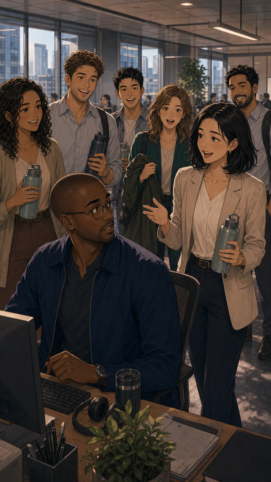 Coworkers gather at Devon's desk for the new team walk.