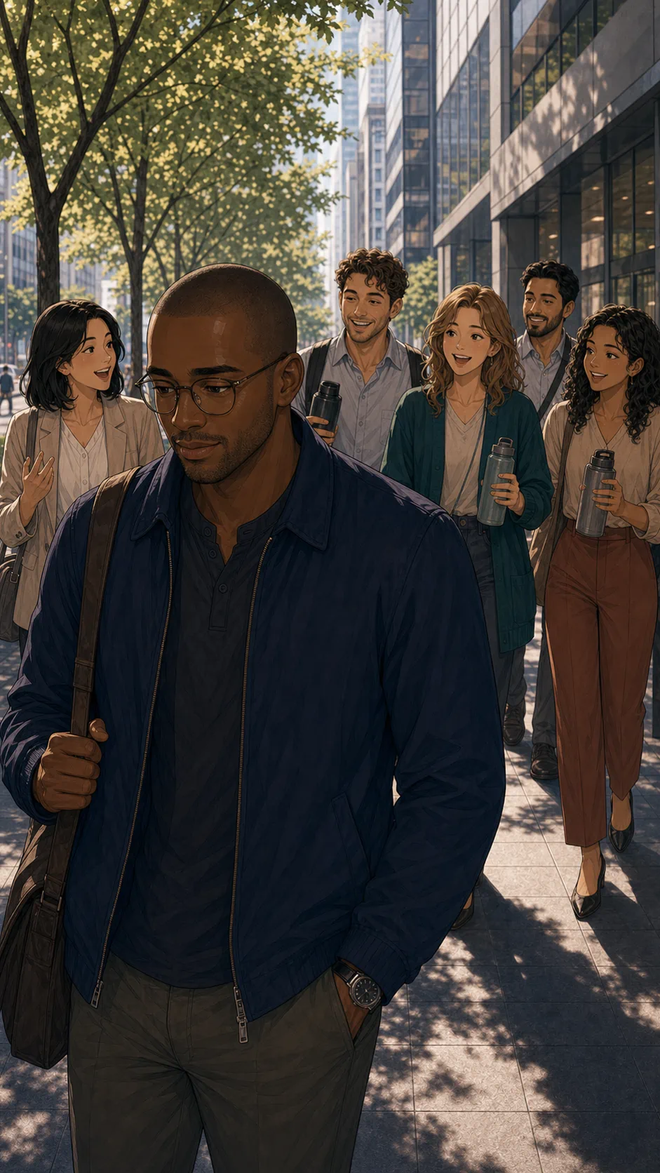Devon leads coworkers on a team walk while looking drained.
