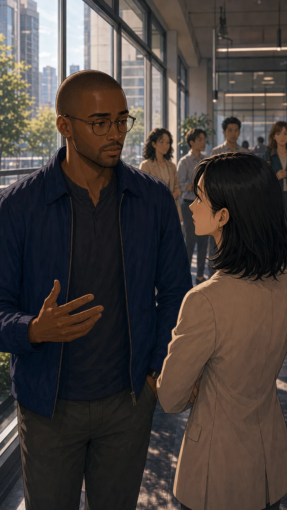 Devon calmly explains his boundary to Maris near an office window.