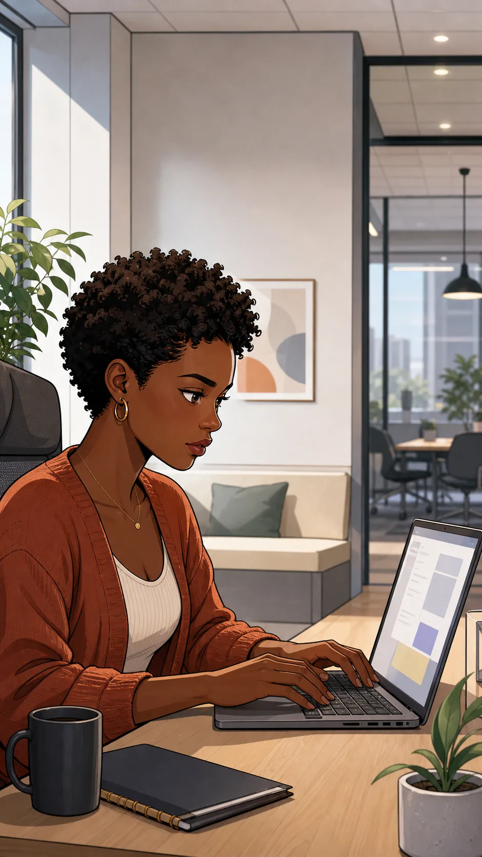 Tessa types private prep notes in a quiet office nook.