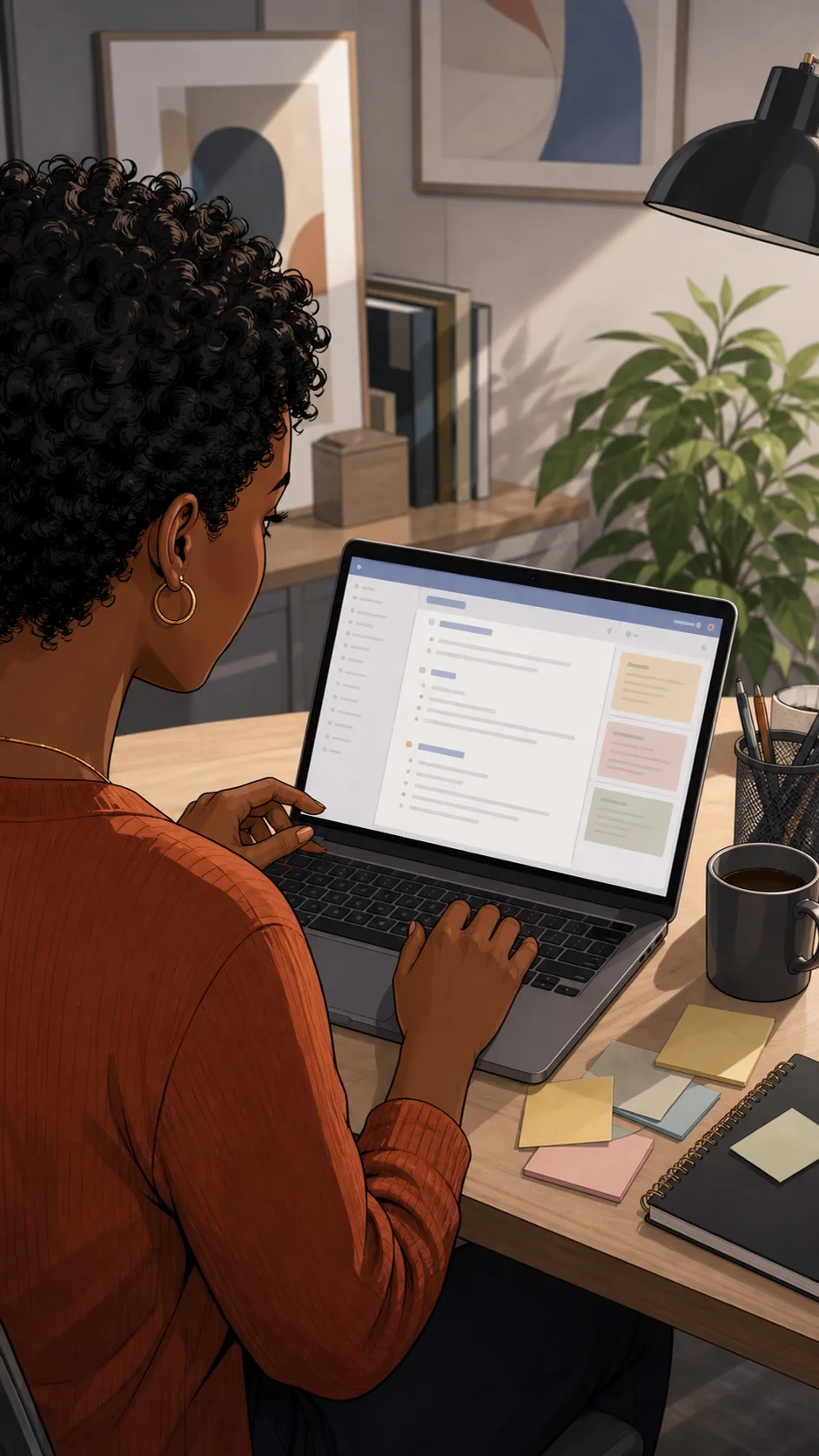 Tessa's laptop shows an unreadable rough notes document.