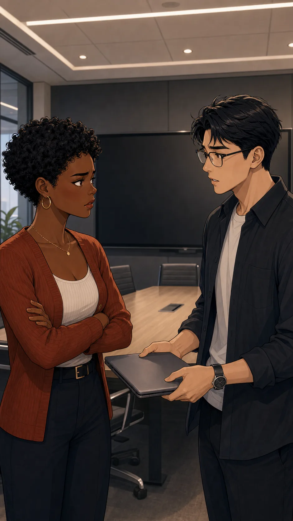 Tessa and Jordan talk in an empty conference room after the meeting.