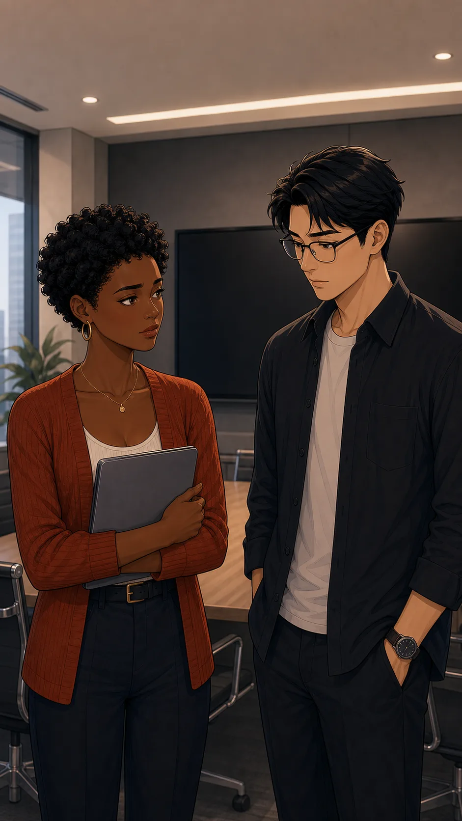 Tessa and Jordan stand near an off conference room screen after the agenda debate.