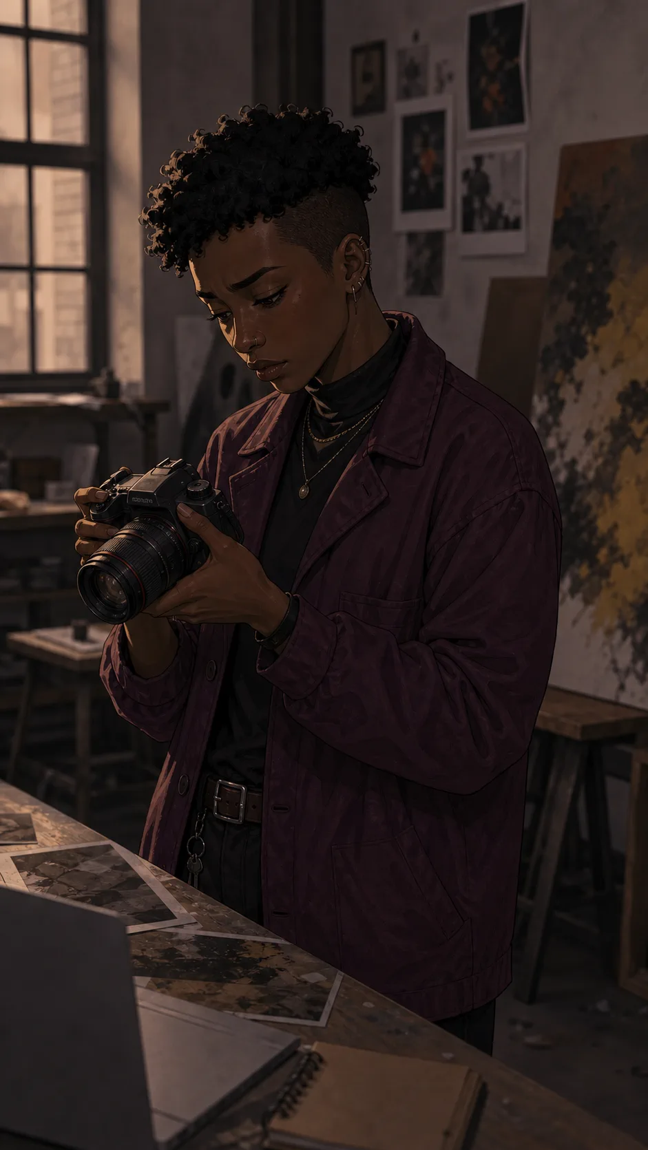 Rae reviews unfinished photo outtakes on a camera.