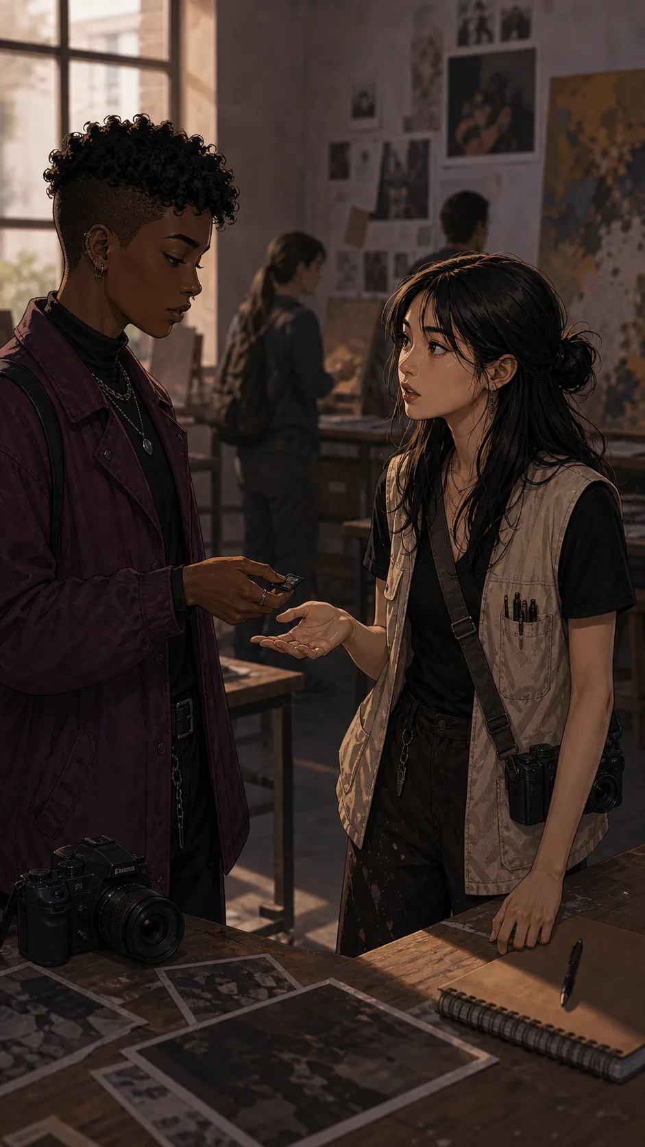 Juno asks Rae to borrow a memory card in an art classroom.
