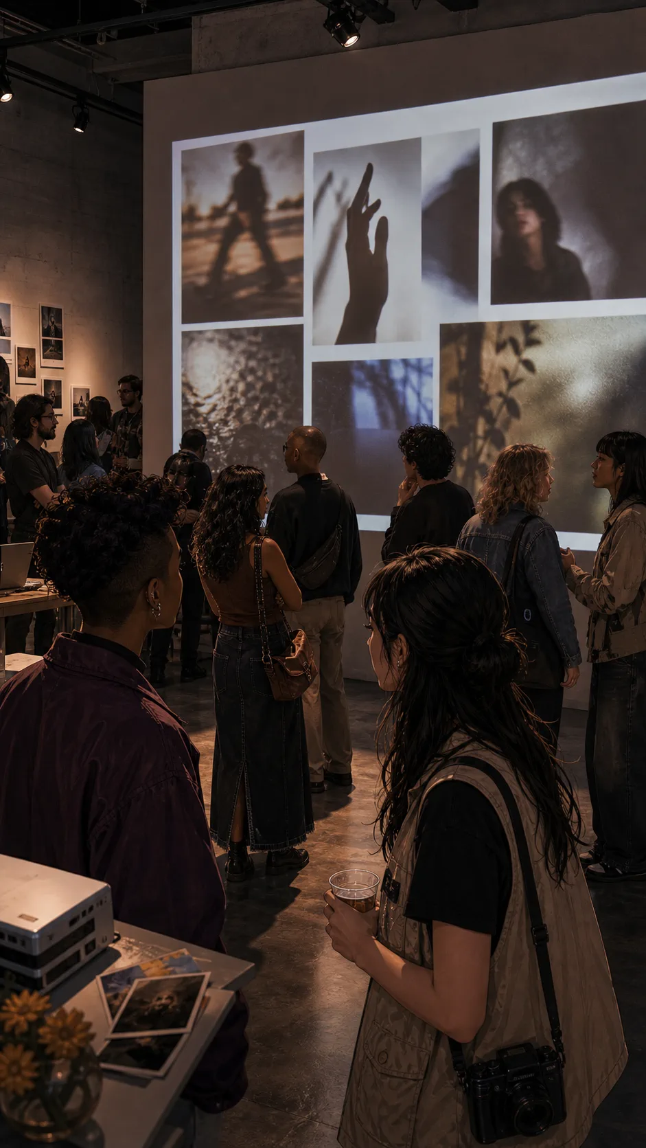 A student art show projection loop plays on a wall.