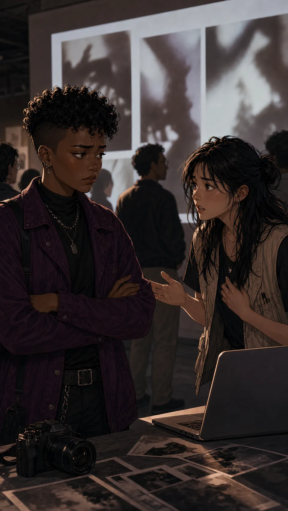 Rae confronts Juno beside the projector laptop.