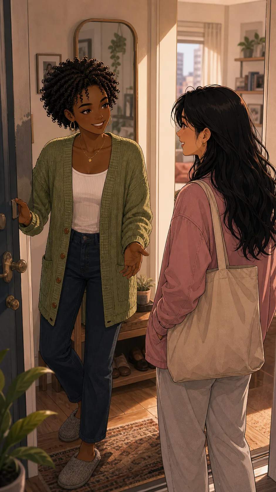 Noa welcomes Jules into her apartment before brunch.