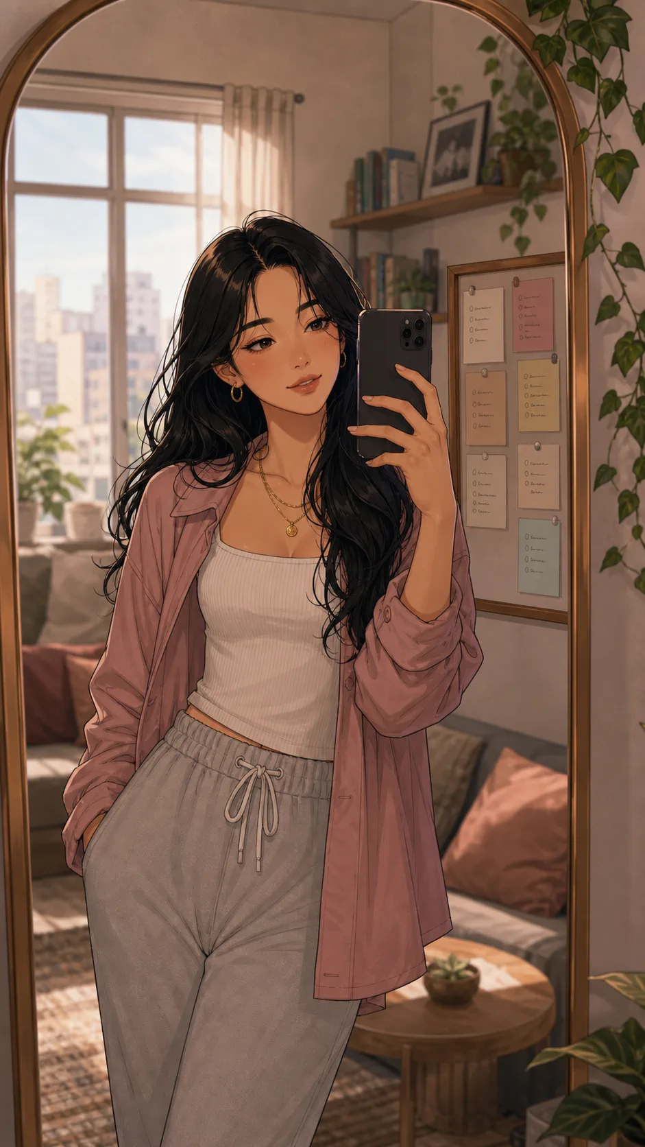 Jules takes a mirror selfie with Noa's to-do board in the background.