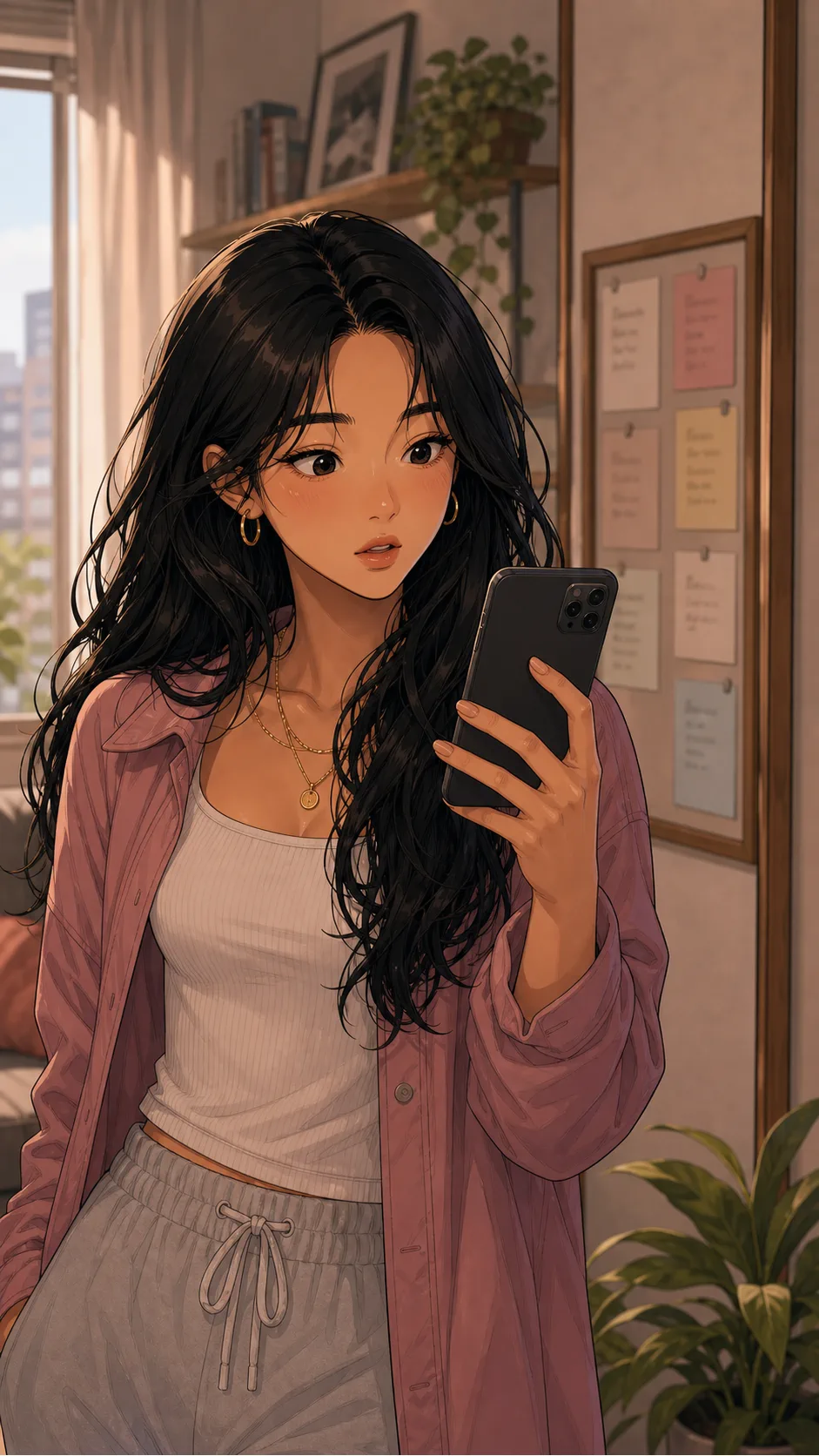 Jules holds her phone after posting the mirror selfie.