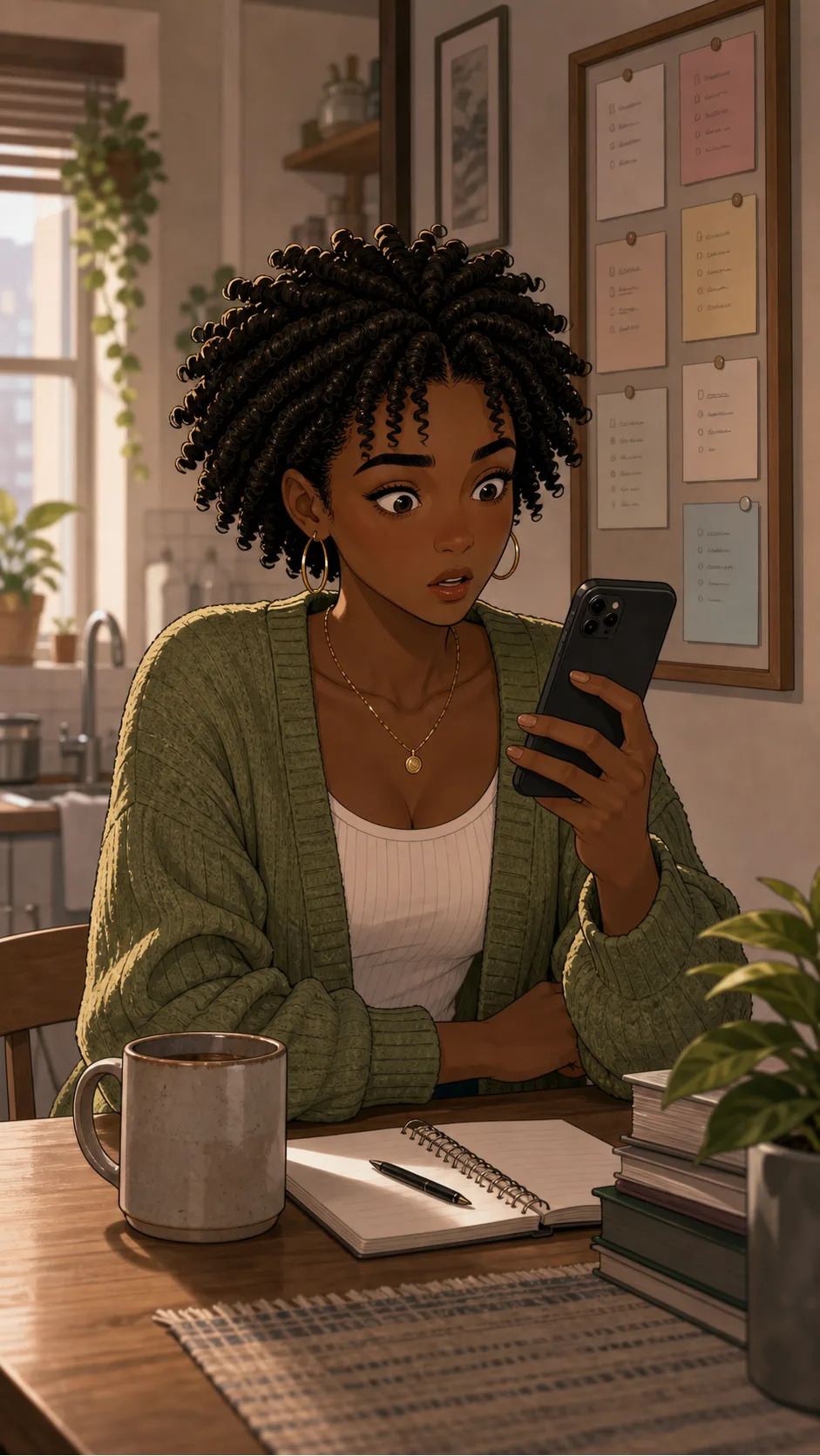 Noa looks startled while reading messages about her to-do list.