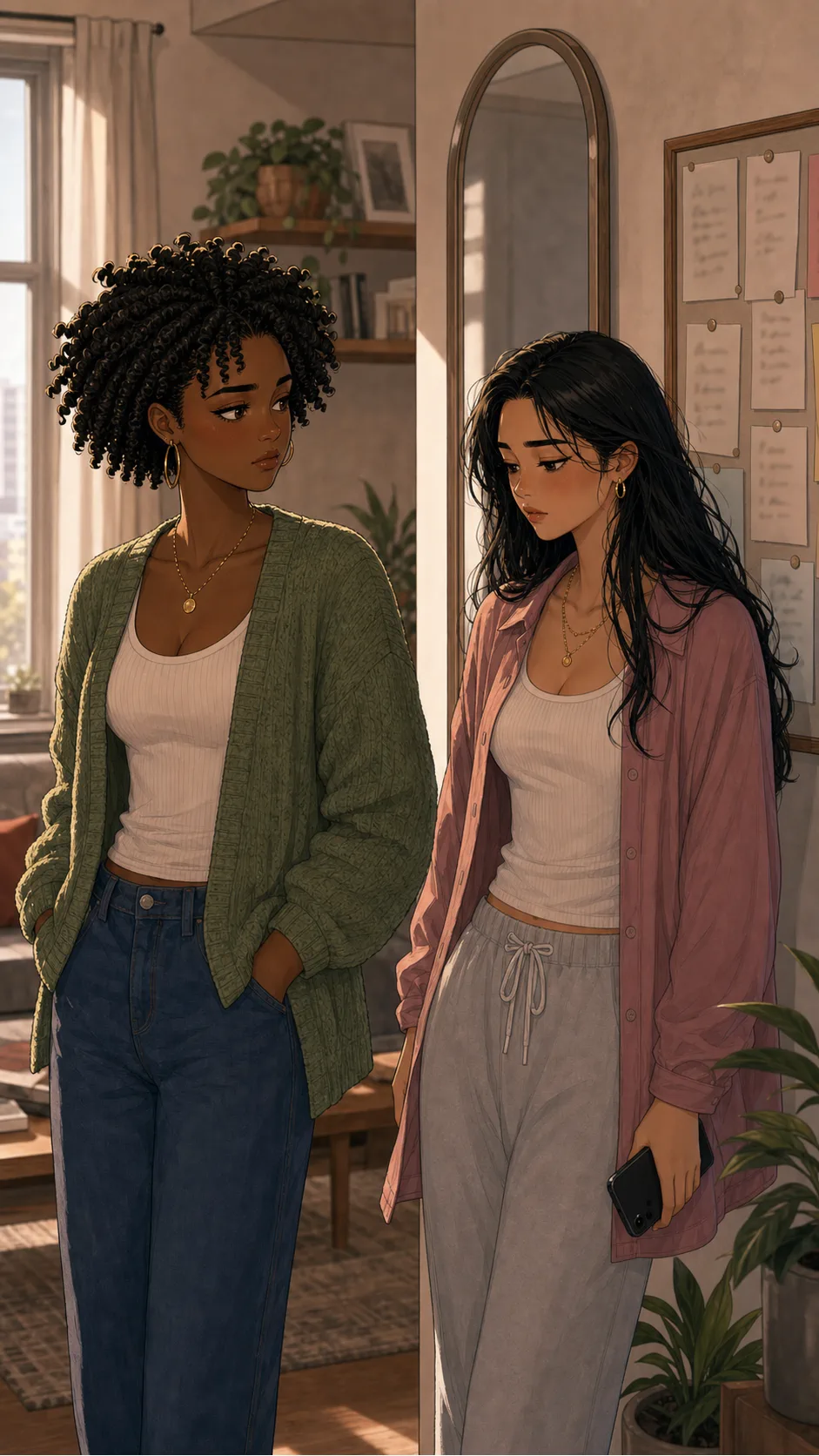 Noa and Jules stand by the mirror after the selfie dispute.