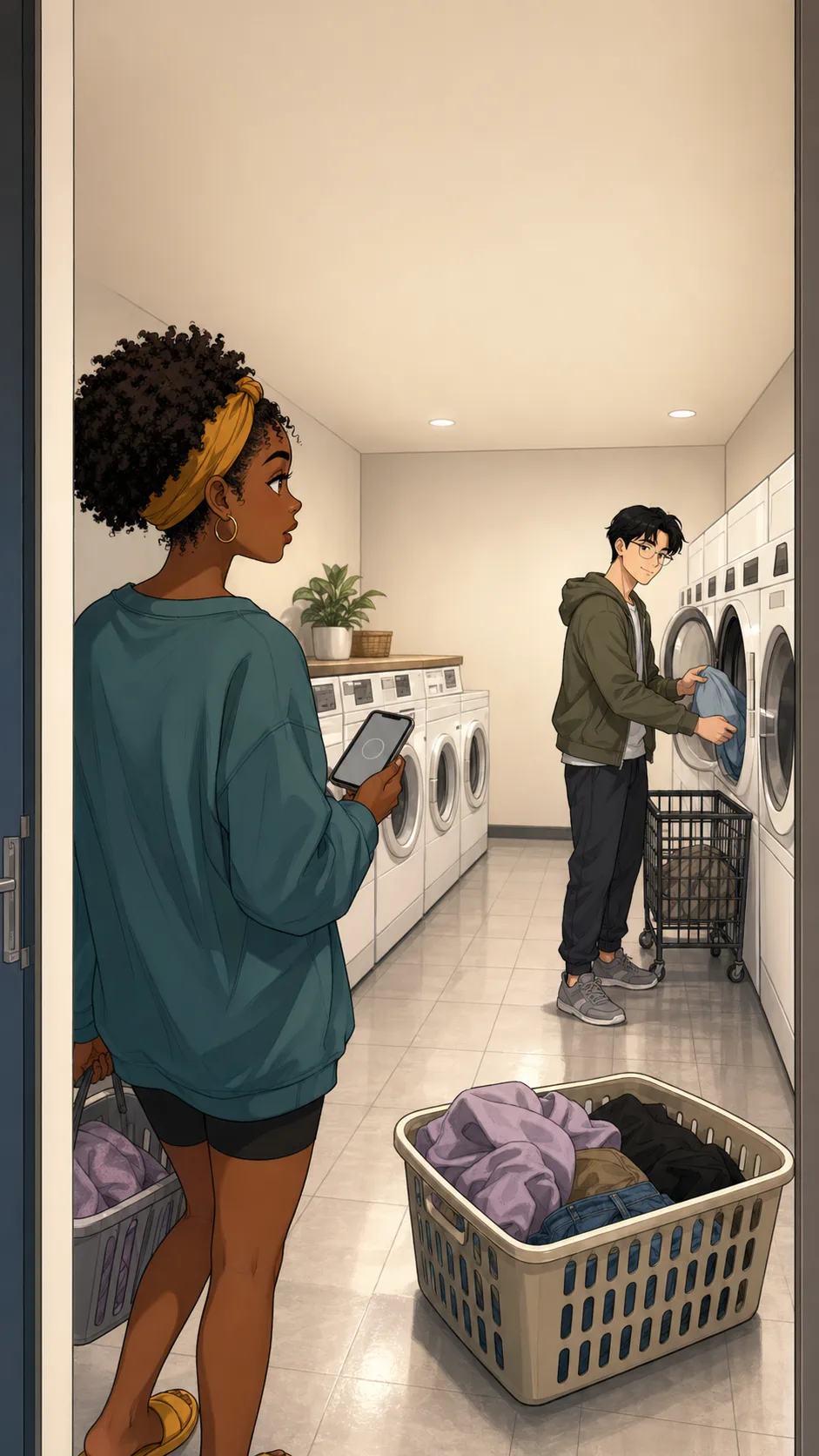 Nia enters a generic apartment laundry room and sees her clothes moved into a basket while Ethan uses a dryer.