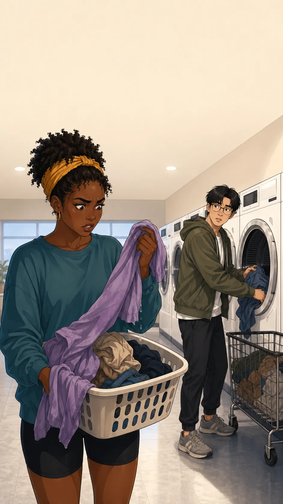 Nia holds up a damp sleeve from a laundry basket while Ethan turns from the dryer.