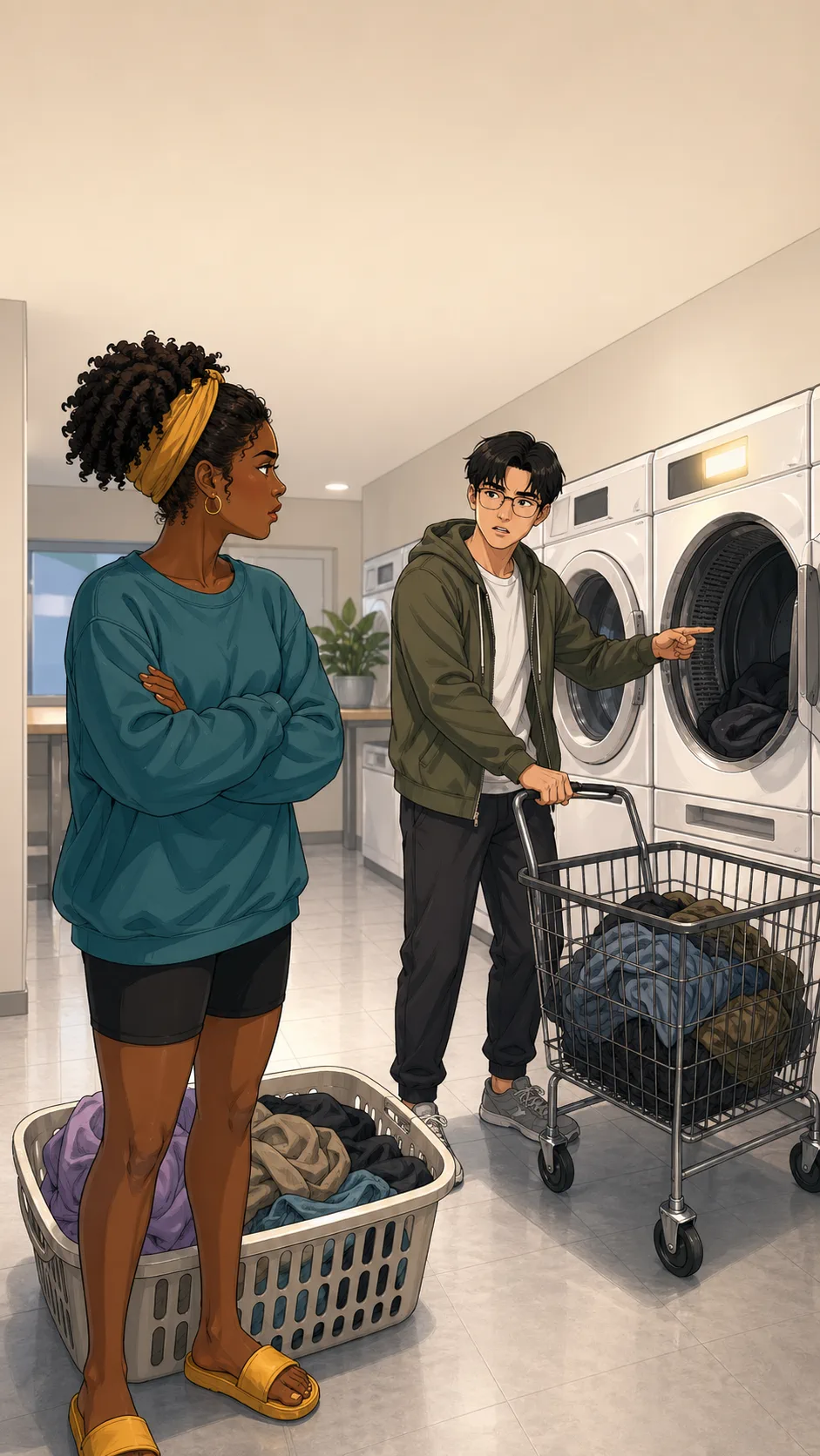 Ethan points to a stopped dryer and a wire cart of wet laundry while Nia stands by her basket.