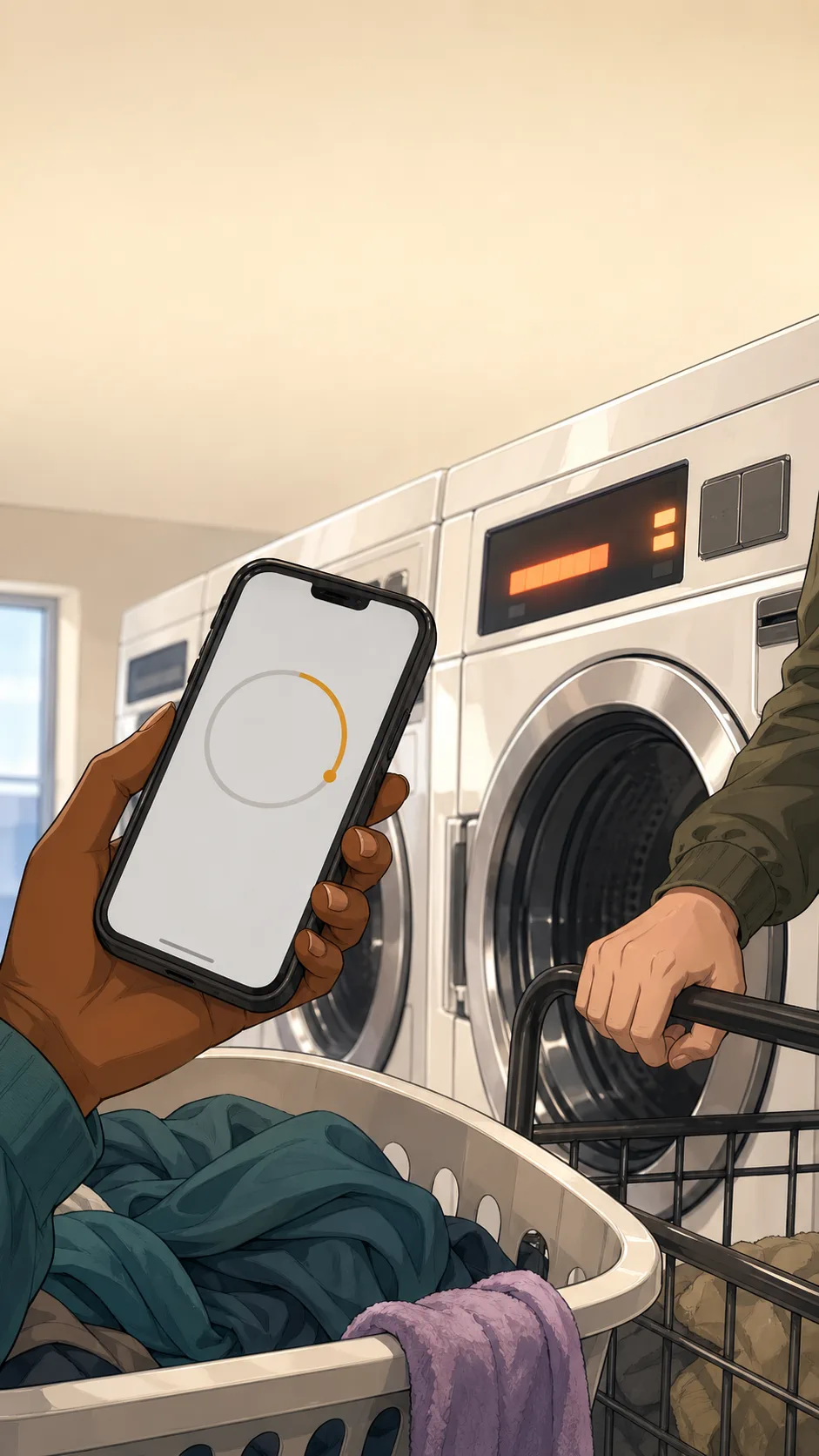 A phone timer, dryer display, laundry basket, and wire cart sit in a generic laundry room evidence-style panel.