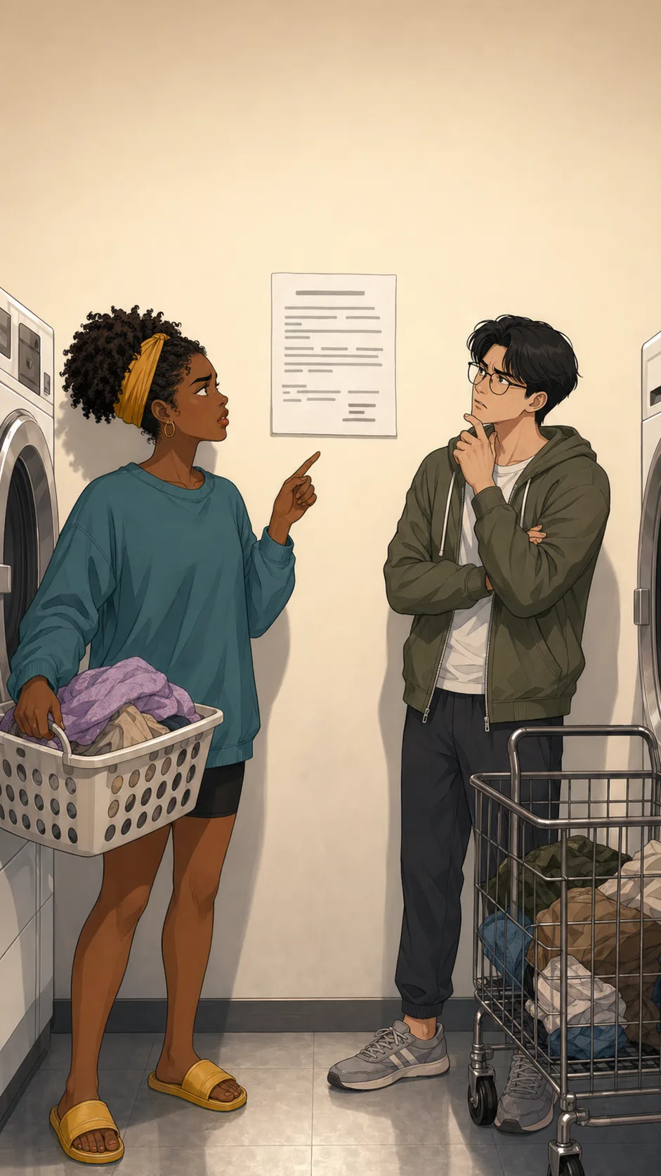 Nia and Ethan stand below an unreadable laundry room note while a basket and wire cart sit nearby.