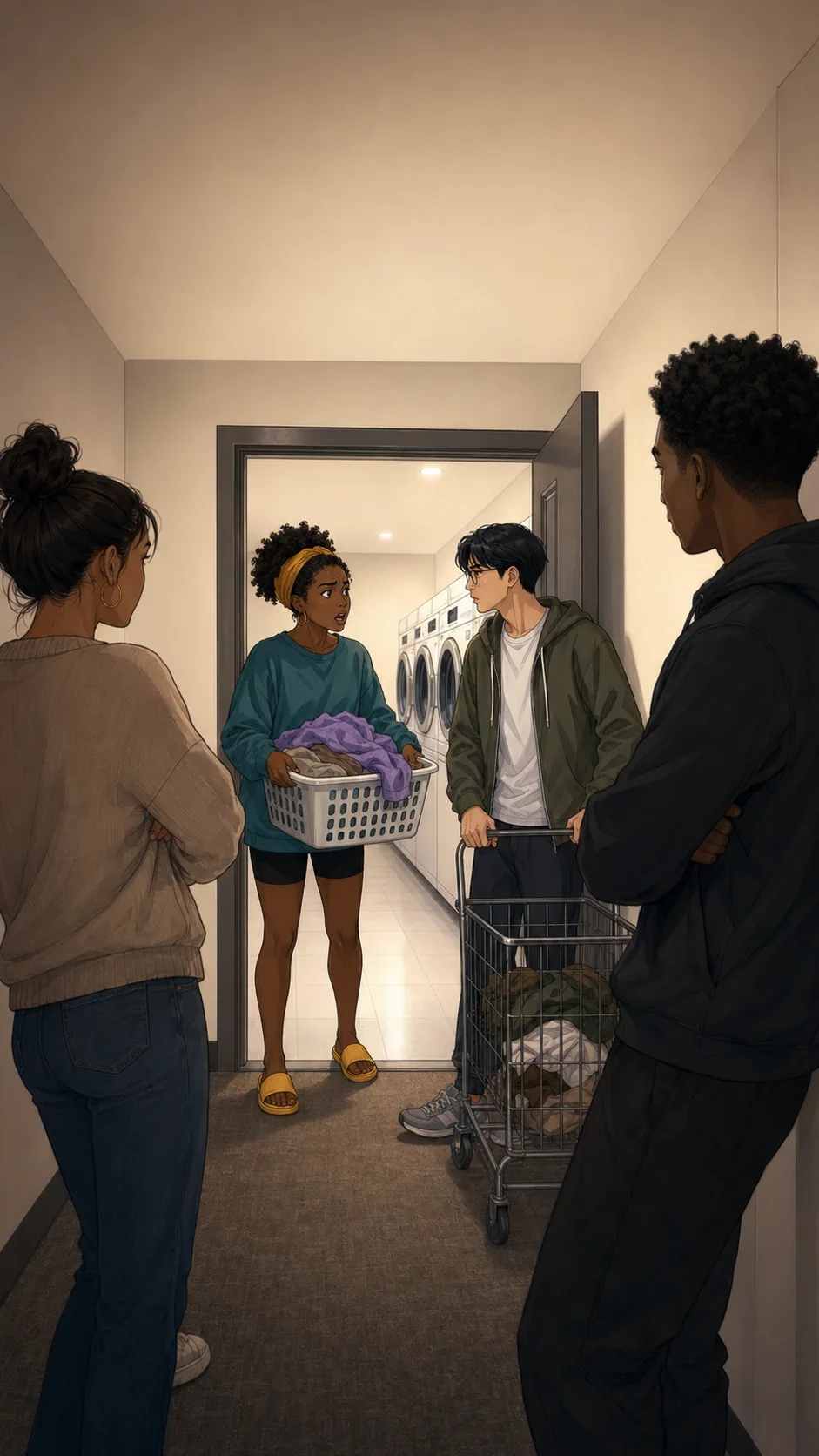 Nia and Ethan stand in a generic hallway outside the laundry room as neighbors notice the disagreement.