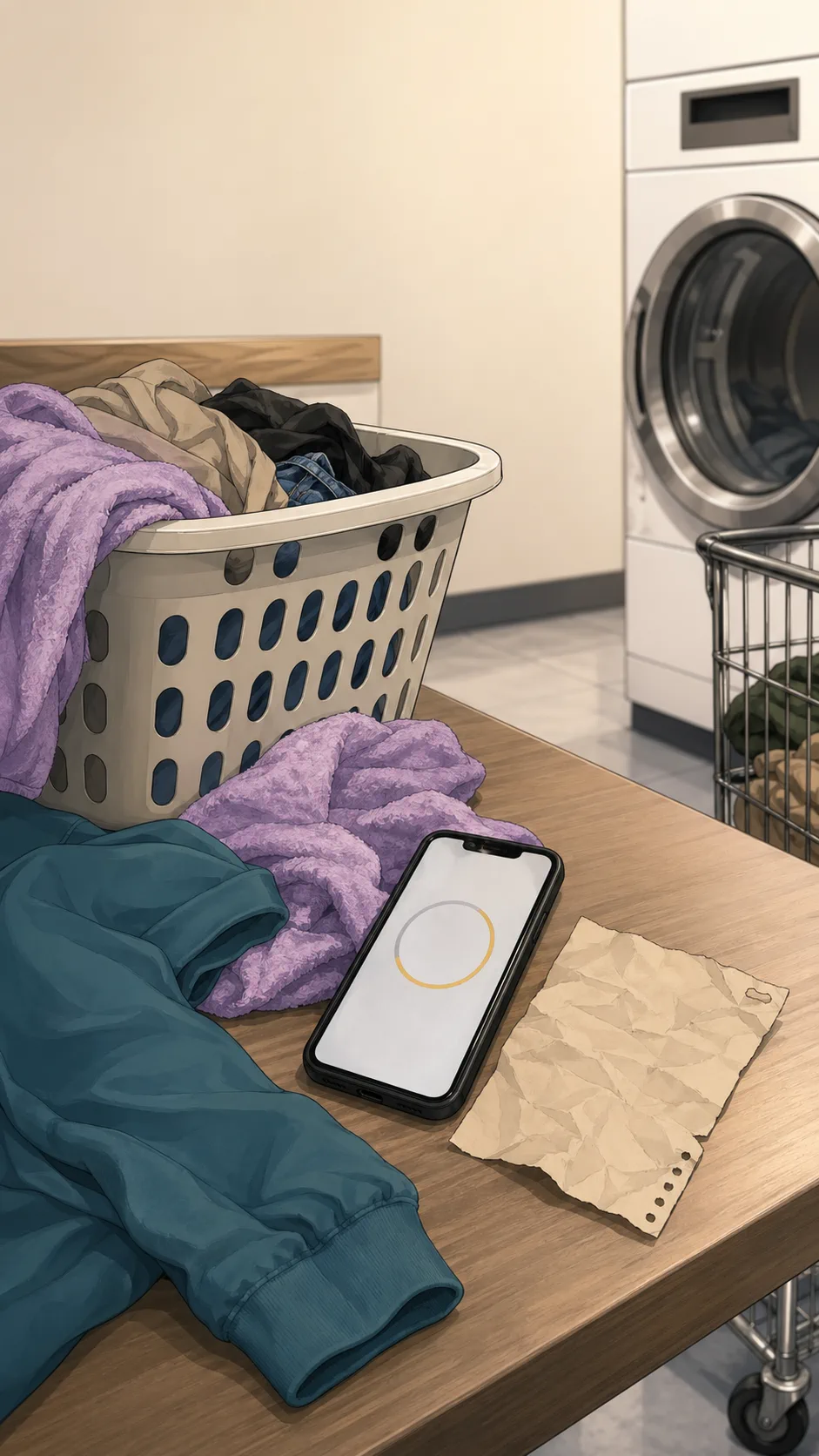 A laundry evidence montage shows a phone timer, basket, towel, dryer door, wire cart wheel, and unreadable note.