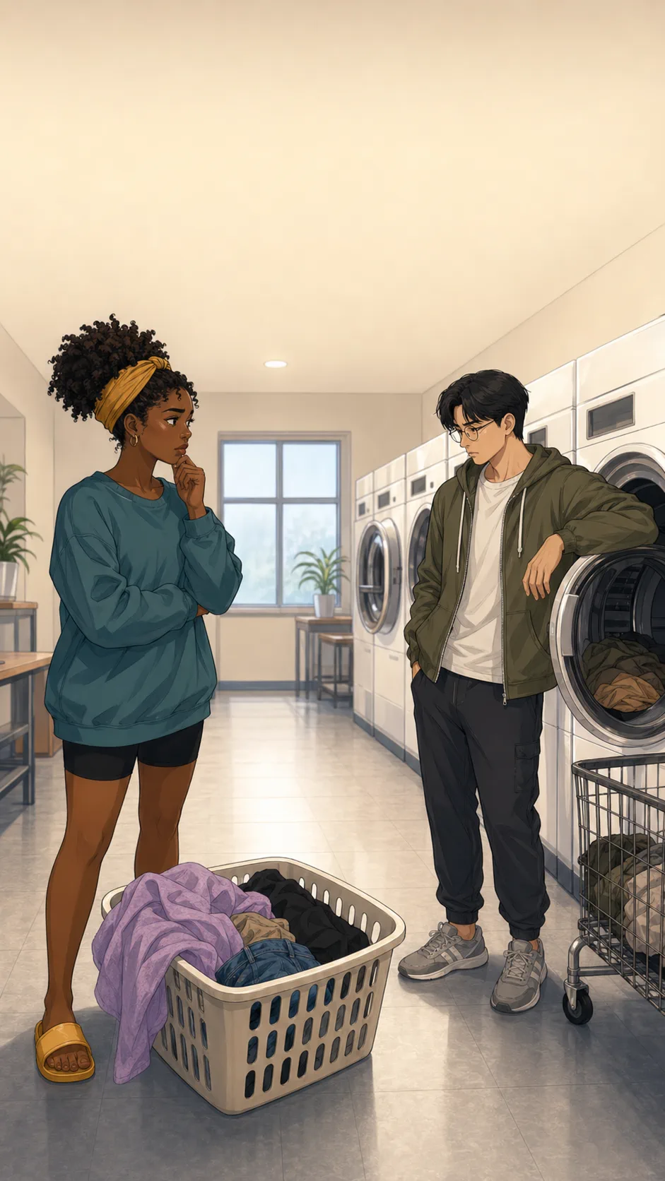 Nia and Ethan stand on opposite sides of a generic laundry room between a basket and an open dryer.
