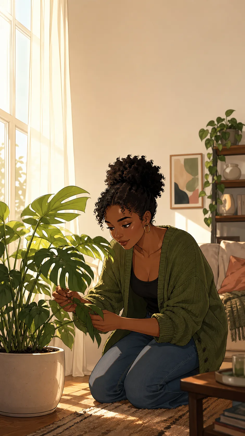 Nia kneels beside a large leafy plant in a bright generic apartment corner, checking its leaves in warm sunlight.