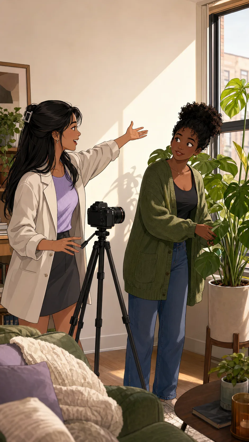 Sloane gestures toward Nia's bright apartment corner with an unbranded tripod nearby while Nia stands beside the plant.