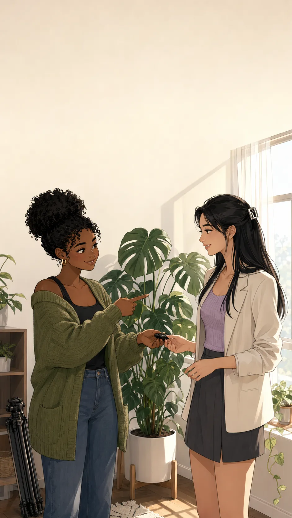 Nia points gently toward the large plant while Sloane nods in the sunny apartment corner.