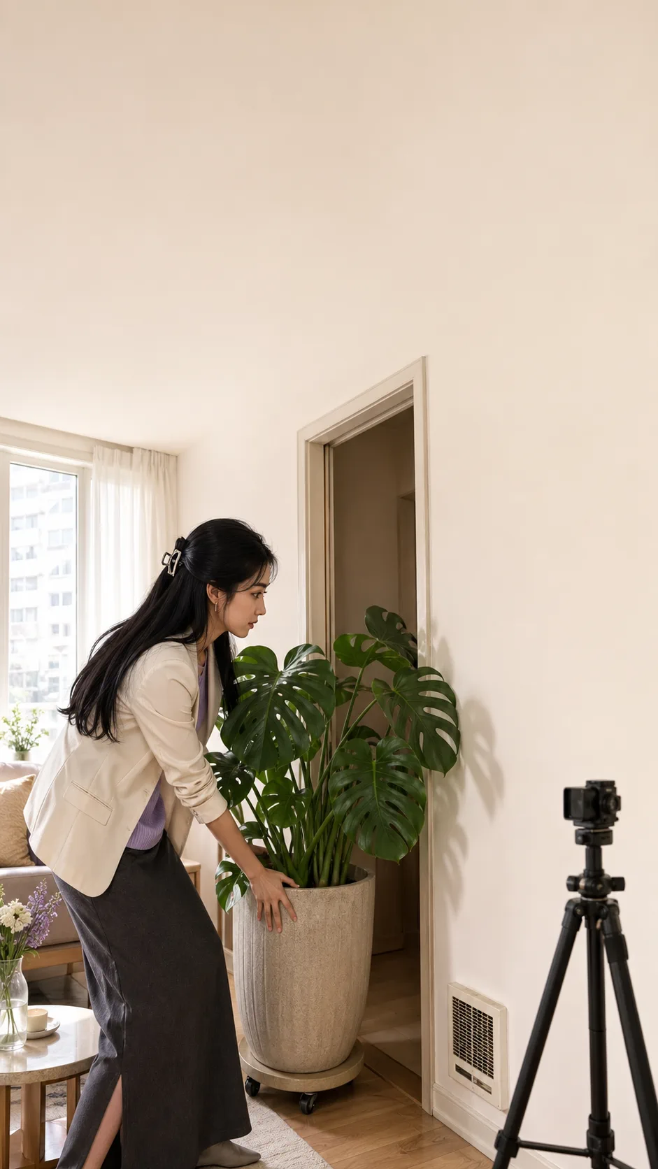 Sloane slides Nia's large leafy plant toward a dim hallway while an unbranded tripod points at the clean window wall.