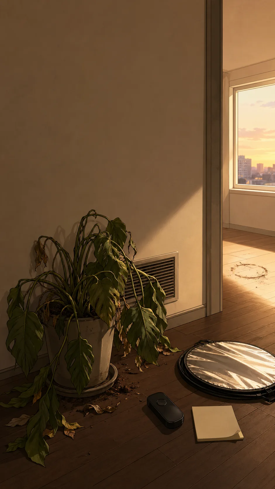 A drooping leafy plant sits in a dim hallway by a plain vent, with an empty sunny corner and photo gear visible in the background.