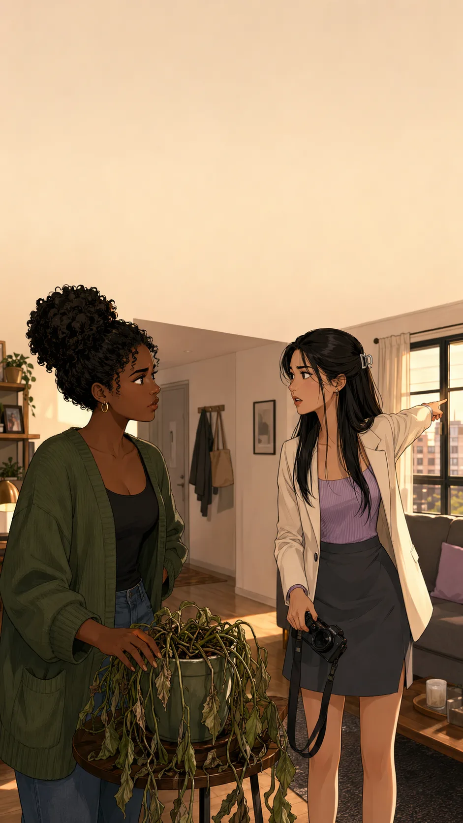 Nia and Sloane stand tensely near the drooping plant in a generic apartment living room.